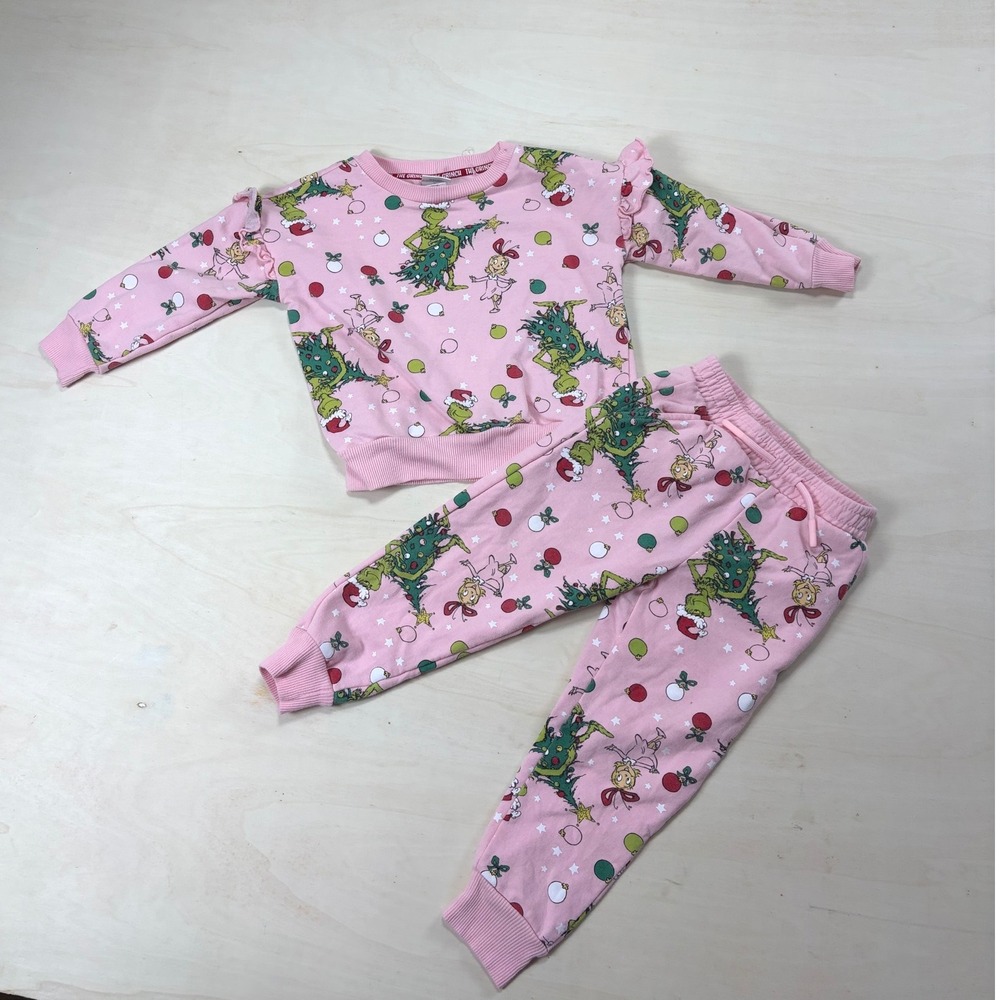 The Grinch Pink Ruffle Shoulder Sweatshirt and Jogger Set Toddler Girls 3T